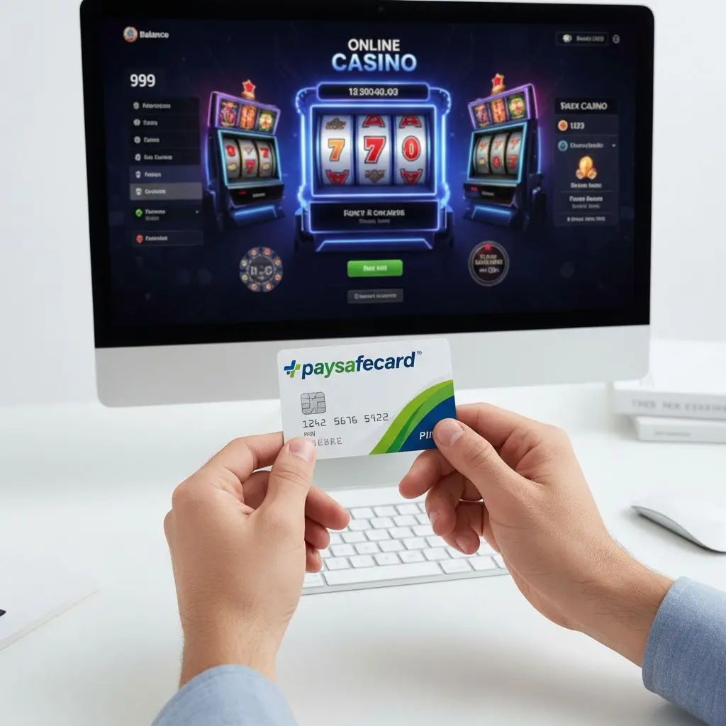 Ruka drží Paysafecard před obrazovkou online casina, detailní a moderní scéna